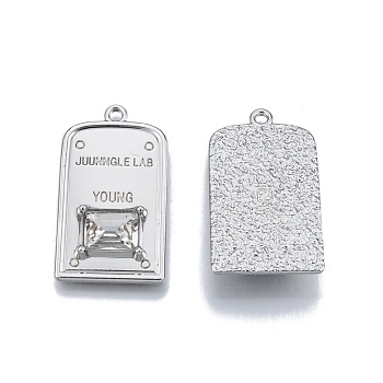 Rack Plating Alloy Pendants, with Crystal Rhinestone, Cadmium Free & Nickel Free & Lead Free, Rectangle with Word Juunngle Lab Young, Platinum, 30x17x4mm, Hole: 1.6mm