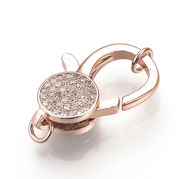 Brass Micro Pave Cubic Zirconia Lobster Claw Clasps, Rose Gold, 25x15x6mm, Hole: 3.5mm