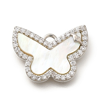 Brass Micro Pave Cubic Zirconia Pendants, with Shell Charms, Butterfly, Platinum, 12x16.5x2.5mm, Hole: 1.2mm