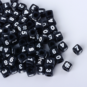 Opaque Acrylic European Beads, Large Hole Beads, Cube with Number, Black, 6.5~7x6.5~7x6.5~7mm, Hole: 4mm