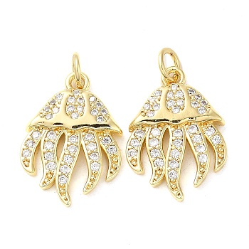 Rack Plating Brass Micro Pave Clear Cubic Zirconia Pendants, Jellyfish, Real 18K Gold Plated, 19x13.5x2.5mm