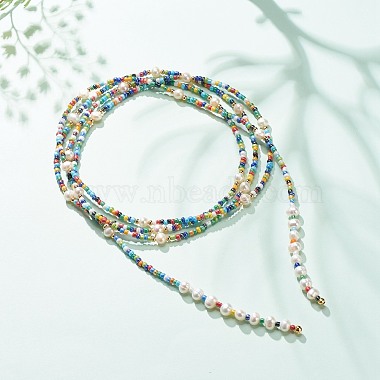 Многослойное женское ожерелье из натурального жемчуга и стеклянных бусин с веревочным узлом(NJEW-JN03908-02)-2
