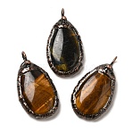 Natural Tiger Eye Pendants, Red Copper Tone Brass Teardrop Charms, 38x20.5x7.5~8mm, Hole: 5mm(G-K381-05R-06)