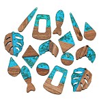 Walnut Wood & Transparent Resin & Gold Foil Pendants, Mixed Shapes Charm, Light Sea Green, 18~44x7~28x3~4mm, Hole: 2mm, about 16pcs/set(WD-CBA583A-04)
