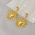 Sun with Heart 304 Stainless Steel Dangle Stud Earrings, Golden, 49x37.5mm(EJEW-K323-01G)