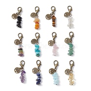 Synthetic & Natural Mixed Gemstone Chip Pendant Decorations, Tree of Life Tibetan Style Alloy and Lobster Claw Clasps Charm, Antique Bronze & Platinum, 44.5~45.5mm, 12pcs/set(HJEW-JM01665-02)