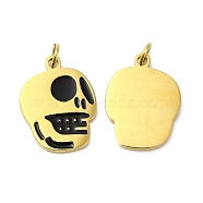 Halloween Ion Plating(IP) 304 Stainless Steel Pendants, with Enamel and Jump Ring, Golden, Skull Charm, Black, 16x12x1.5mm, Hole: 2.6mm(STAS-D066-04G)