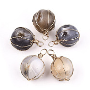 Natural Druzy Geode Agate Pendants, Wire Wrapped Pendants, with Brass Wire, Round, Light Gold, 30~33x20~21mm, Hole: 3.5~4.5mm(G-N326-51)