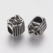 Ion Plating(IP) 304 Stainless Steel European Beads, Large Hole Beads, Column with Butterfly, Antique Silver, 9x9mm, Hole: 4.5mm(STAS-J022-136AS)
