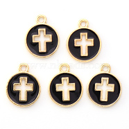 Light Gold Plated Alloy Enamel Pendants, Flated Round with Cross, Black, 15x12x1.5mm, Hole: 1.6mm(X-ENAM-R136-18E)