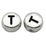 Silver Color Plated Acrylic Horizontal Hole Letter Beads, Flat Round, Letter.T, 7x3.5mm, Hole: 1mm, about 216pcs/30g(X-MACR-PB43C9070-T)