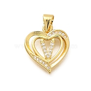 Rack Plating Brass Micro Pave Cubic Zirconia Pendants, Long-Lasting Plated, Lead Free & Cadmium Free,Real 18K Gold Plated, Heart with Letter Charms, Letter V, 17.5x15x2.5mm, Hole: 5x3mm(KK-L226-101G-V)