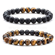 2Pcs 2 Style Natural Tiger Eye & Synthetic Black Stone Round Beaded Stretch Bracelets Set(SF6156-1)