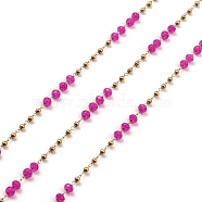 Rondelle Glass Beaded Link Chains, with Golden 304 Stainless Steel Paperclip Chains, Soldered, with Spool, Magenta, 3x2.5mm, 2mm, about 32.81 Feet(10m)/Roll(CHS-G028-07G-03)