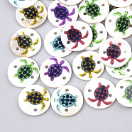 Printed Freshwater Shell Links connectors, Flat Round with Sea Turtle, Mixed Color, 18x2~2.5mm, Hole: 1.6mm(SHEL-S274-20A)