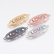 Brass Micro Pave Cubic Zirconia Links, Oval with Word Love, Colorful, Mixed Color, 32x10x2mm, Hole: 1.8mm(ZIRC-E148-06)