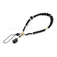 Natural Gold Obsidian & Limestine & Obsidian & Black Agate & Brass Mobile Phone Straps, for His-and-Hers Nylon Cord Mobile Accessories Decoration, Black, 20~21cm, Beads: 3~11mm, Pi Xiu: 17.5x12x11mm, Ring: 10.5x4mm, Gasket: 9.5x3mm, Strip: 12.5x5mm(HJEW-N003-03)