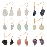 9 Style 9 Style Natural Gemstone Nugget Dangle Earrings, Golden Alloy Wire Wrap Jewelry for Women, 30~36mm, Pin: 0.6mm, 1 Pair/style(G-AN0001-01)