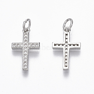 Brass Micro Pave Cubic Zirconia Charms, with Jump Ring, Nickel Free, Cross, Clear, Real Platinum Plated, 17x10.5x2mm, Hole: 3mm(ZIRC-R109-024A-P-NF)