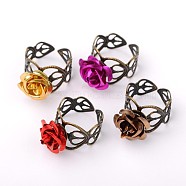 Adjustable Aluminum Rose Flower Ring, with Brass Finding, Antique Bronze, Mixed Color, 20mm(RJEW-PJR019)