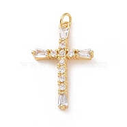 Brass Micro Pave Cubic Zirconia Pendants, with Jump Ring, Religion Cross Charm, Golden, 29.5x18.5x3.5mm, Hole: 3mm(KK-E074-02G)