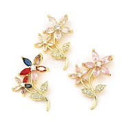 Rack Plating Real 18K Gold Plated Brass Pendants, with Cubic Zirconia, Long-Lasting Plated, Lead Free & Cadmium Free, Flower, Mixed Color, 29x20.5x5mm, Hole: 3.8x1.8mm(KK-B077-19G)