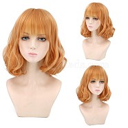 Cosplay Party Wigs, Synthetic Wigs, Heat Resistant High Temperature Fiber, Short Wavy Curly Wigs with Bangs for Women, Orange, 13.7 inch(35cm)(OHAR-I015-23)