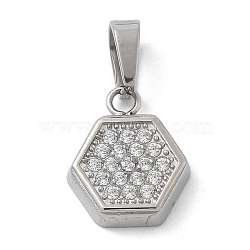 Ion Plating(IP) 304 Stainless Steel Micro Pave Cubic Zirconia Pendants, Hexagon, 10.5x9x2.5mm, Hole: 4.5x2.5mm(STAS-Z107-02P-05)