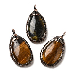 Natural Tiger Eye Pendants, Red Copper Tone Brass Teardrop Charms, 38x20.5x7.5~8mm, Hole: 5mm(G-K381-05R-06)