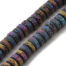 Electroplated Natural Lava Rock Beads Strands, Flat Round/Disc, Heishi Beads, Rainbow Plated, 7x3mm, Hole: 3mm, about 123pcs/strand, 16.14''(41cm)(G-Q1009-F01-01E)