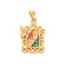 Brass Enamel Pendants, with Clear Cubic Zirconia, Rectangle with Flower & Butterfly Charm, Real 18K Gold Plated, 22.5x15x5.5mm, Hole: 4x3mm(KK-S502-10G)