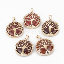 Natural Carnelian Pendants, with Brass Findings, Flat Round with Tree of Life, Dyed, Golden, 30.5x27x8mm, Hole: 7x3mm(G-S292-10H-G)