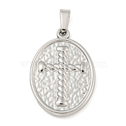 Non-Tarnish 304 Stainless Steel Pendants, Religious Theme Charm, Oval with Cross, Stainless Steel Color, 26x18x2.5mm, Hole: 5x3mm(STAS-B071-02J-24P)