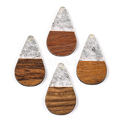 Transparent Resin & Walnut Wood Pendants, with Foil, Teardrop Charm, Silver, 38x22x3mm, Hole: 2mm(RESI-N025-030-A02)