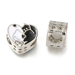 Rack Plating Alloy Enamel European Beads, with Rhinestone, Large Hole Beads, Heart with Cat, Platinum, 10.5x12.5x7.5mm, Hole: 5mm(PALLOY-A009-21P)