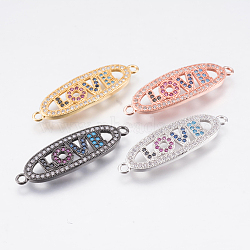 Brass Micro Pave Cubic Zirconia Links, Oval with Word Love, Colorful, Mixed Color, 32x10x2mm, Hole: 1.8mm(ZIRC-E148-06)