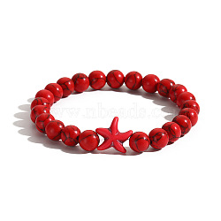 Men's Yoga Jewelry, Synthetic Turquoise Round Beads Stretch Bracelets, Starfish, Red(BK0782-18)