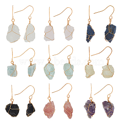 9 Style 9 Style Natural Gemstone Nugget Dangle Earrings, Golden Alloy Wire Wrap Jewelry for Women, 30~36mm, Pin: 0.6mm, 1 Pair/style(G-AN0001-01)