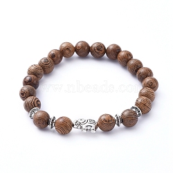 Stretch Bracelets, with Natural Wood Beads and Tibetan Style Alloy Beads, Elephant, Coconut Brown, Inner Diameter: 2 inch(5.2cm)(BJEW-JB05227-04)