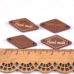 Schima Superba Wood Links, Rhombus with Word Handmade, Saddle Brown, 26x13.5mm, Hole: 1.5mm(WOOD-TAC0003-84B)