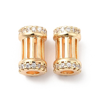 Rack Plating Brass Micro Pave Clear Cubic Zirconia Column Beads, Long-Lasting Plated, Lead Free & Cadmium Free, Real 14K Gold Plated, 11x7mm, Hole: 3mm