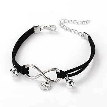 Leather Cord Brass Infinity link Bracelets, with Tibetan Style Findings and Brass Lobster Claw Clasps, Black, 180mm