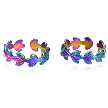 304 Stainless Steel Leaf Wrapped Cuff Ring, Rainbow Color Open Ring for Women, US Size 9 1/2(19.3mm)