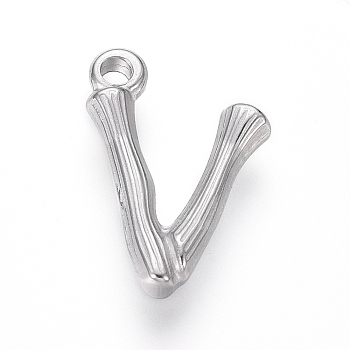 304 Stainless Steel Pendants, Bamboo Shaped Letter, Stainless Steel Color, Letter.V, 17.5~19x10~16x3~4mm, Hole: 1.8~2mm