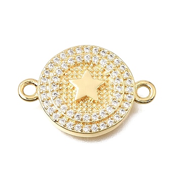 Brass Micro Pave Clear Cubic Zirconia Flat Round Connector Charms, Real 18K Gold Plated, Lead Free & Cadmium Free, Long-Lasting Plated, Rack Plating, Star, 22x15.5x3mm, Hole: 1.8mm