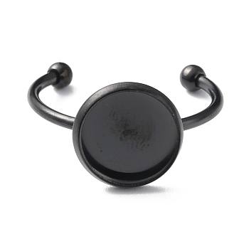304 Stainless Steel Open Cuff Ring Components, Pad Ring Settings, Flat Round, Electrophoresis Black, Inner Diameter: 18.8mm, Tray: 10mm