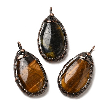 Natural Tiger Eye Pendants, Red Copper Tone Brass Teardrop Charms, 38x20.5x7.5~8mm, Hole: 5mm