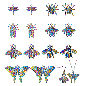 14Pcs 7 Style Plated Alloy Pendants, Cadmium Free & Lead Free, Dragonfly & Spider & Bee, Mixed Color, 17~28x23~47x3~5mm, Hole: 1.6~2.5mm, 2pcs/style
