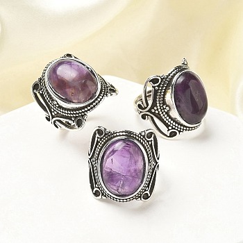 Natural Amethyst Adjustable Rings, Lead Free & Cadmium Free, Antique Silver Plated Brass Finger Rings for Women, Oval, 20.5mm, Inner Diameter: 17mm