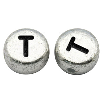 Silver Color Plated Acrylic Horizontal Hole Letter Beads, Flat Round, Letter.T, 7x3.5mm, Hole: 1mm, about 216pcs/30g